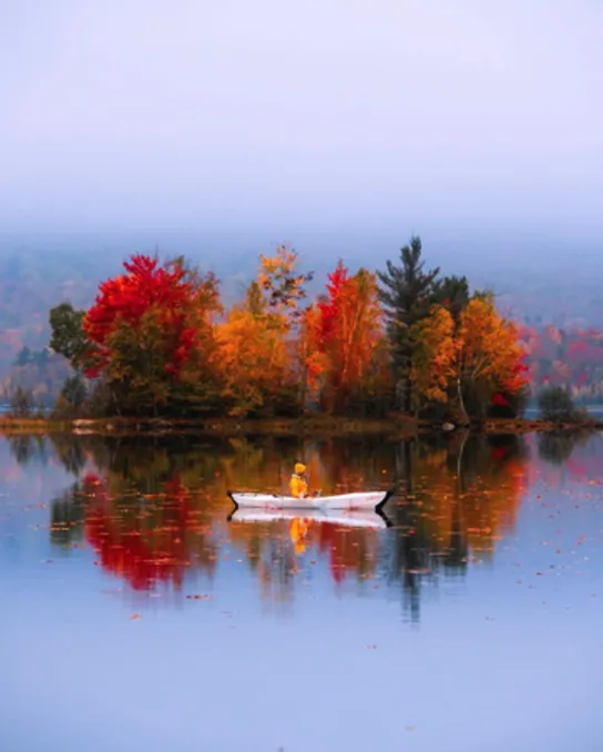 Small island of autumn trees reflected in still water at dusk, with a canoe