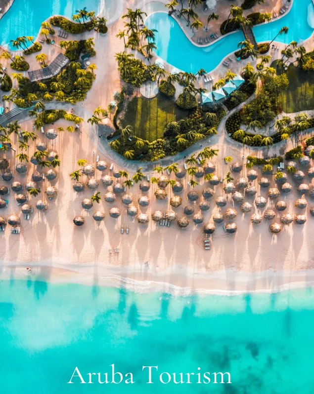 Aruba Tourism: Top-down aerial of a beach lined with palapa umbrellas beside a resort pool